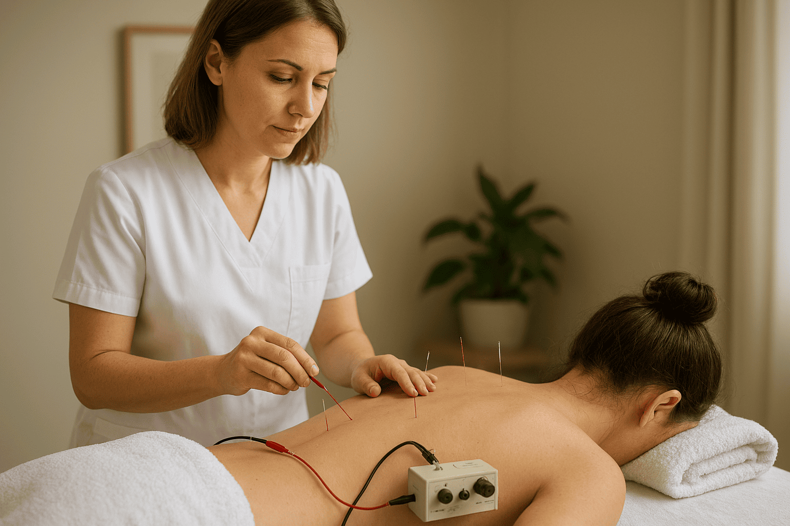 Terapeuta utilizando técnica de electro acupuntura en paciente recostada boca abajo