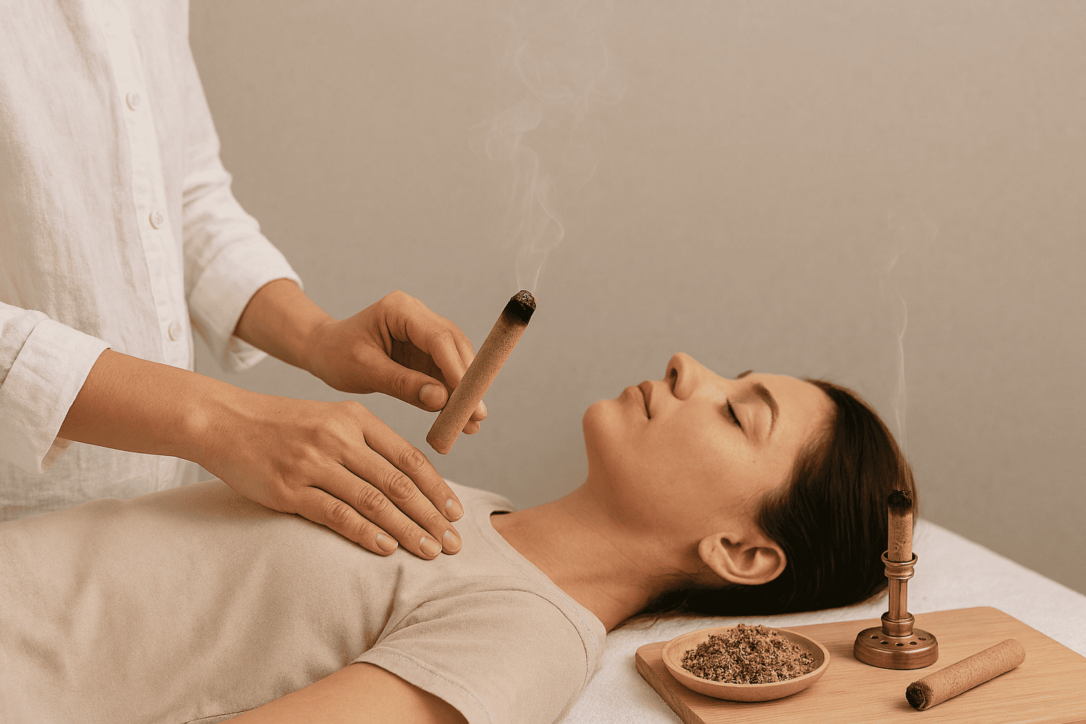 Terapeuta utilizando técnica de moxibustion en paciente acostada boca arriba