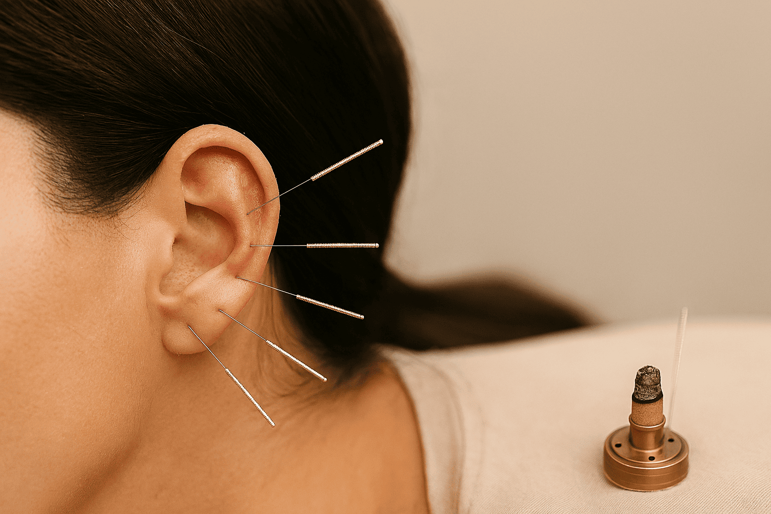 Agujas de acupuntura en puntos estrategicos en oreja